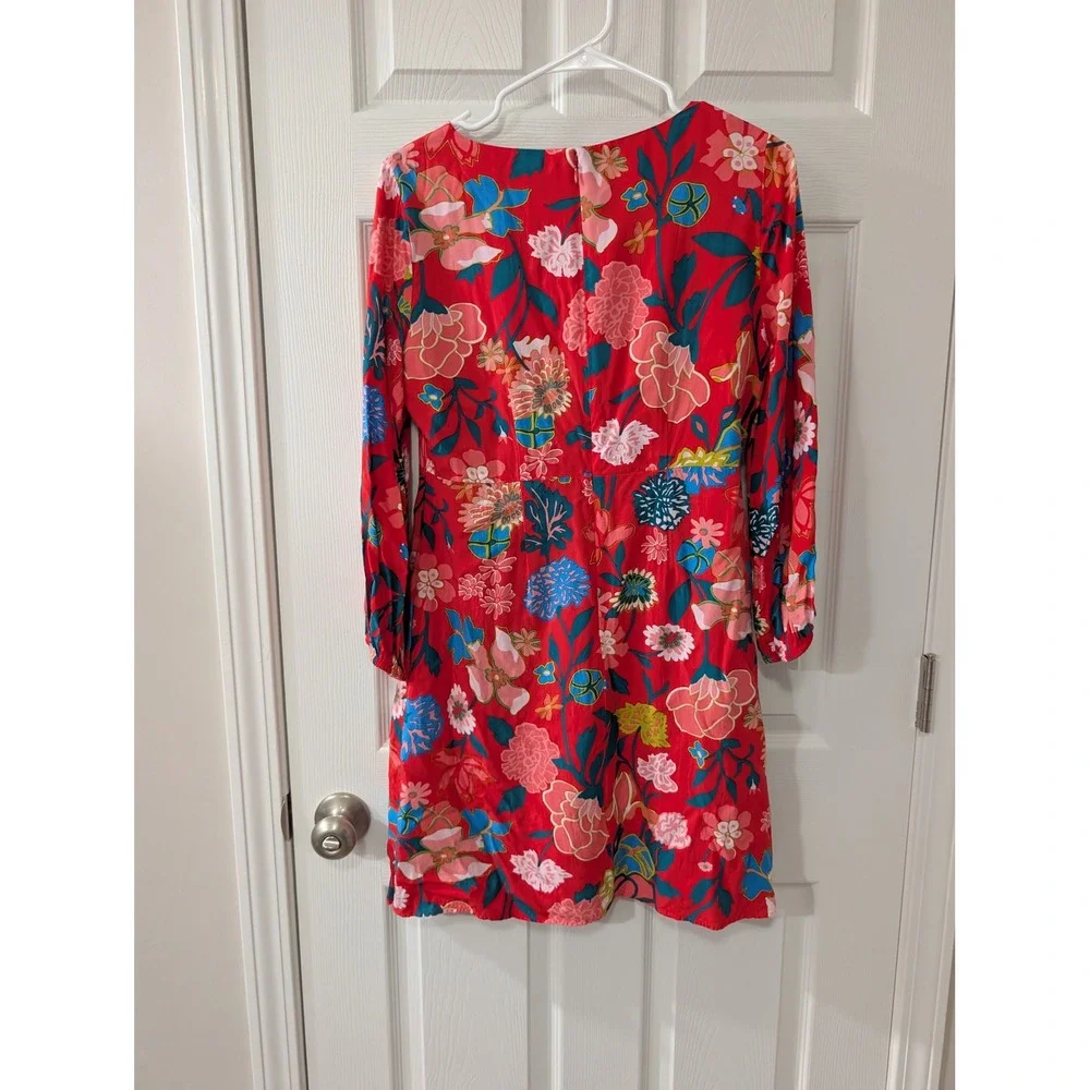 J. Crew, Wmns 4, V-Neck Floral Mini Dress, Long Sleeve, Red, Whimsy, Lightweight